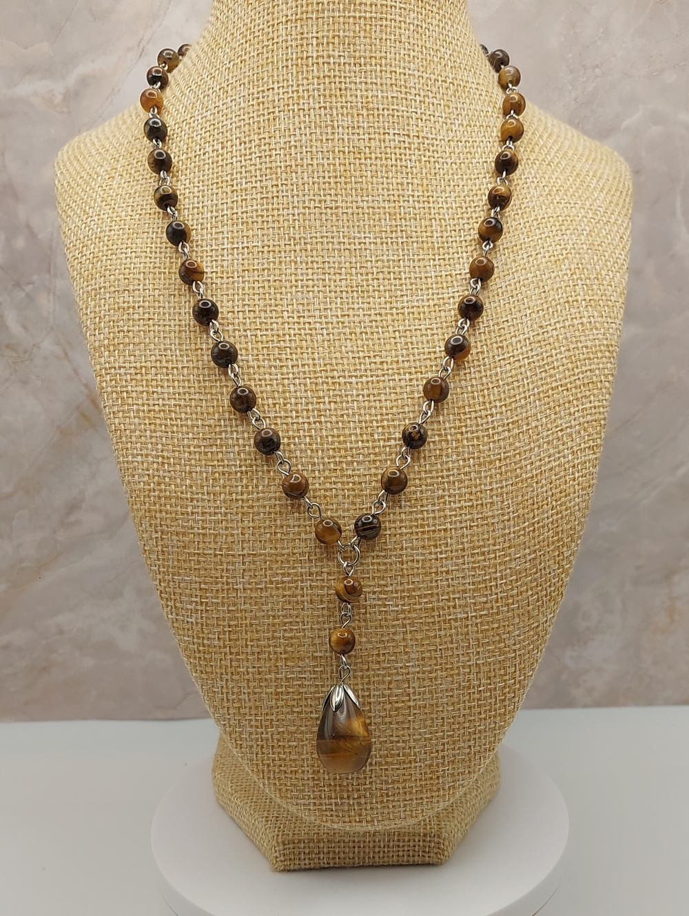 Nwot Yellow Tiger's Eye Bead Necklace with Y- Teardrop Pendant + Bag